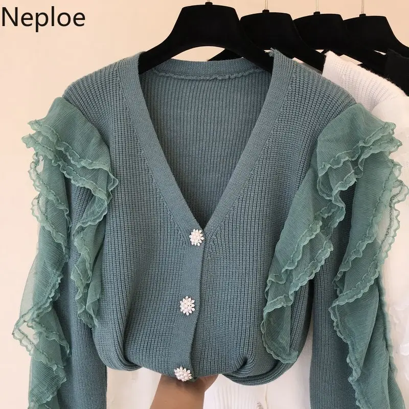 Neploe V Neck Ruffles Lace Patchwork Cardigans Sweater Long Sleeve Single Breast Solid Pull Femme Coat Autumn Spring 2020 New |
