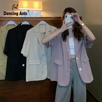 

Women Jacket Notched Collar Coat Woman Short Sleeve Top Single-breasted Female Casual Outwear