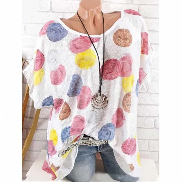 Мода 5Xl 2019 женские блузки больших размеров Летние повседневные рубашки в горошек с коротким рукавом с круглым вырезом уличная свободные