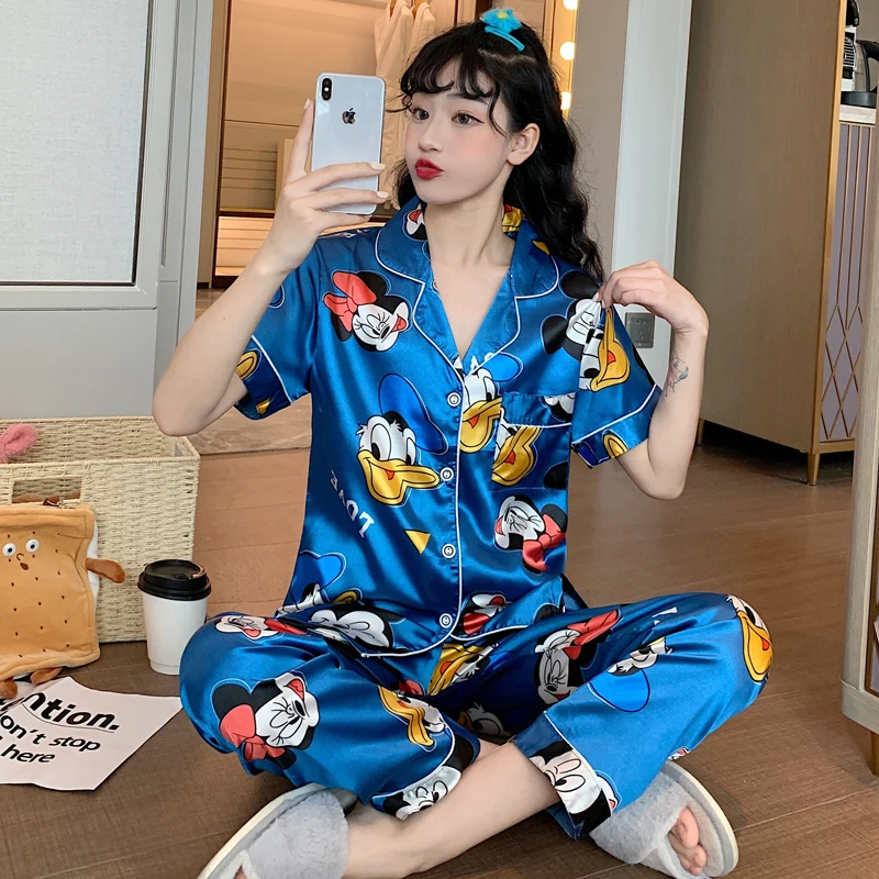 Disney Cute Silk Pajamas for Women Fall Home Suit Mickey Mouse Pyjamas Pj Set Satin Nightwear Sleepwear 2021 Pijama Verano Mujer