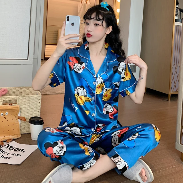 Disney Cute Silk Pajamas for Women Fall Home Suit Mickey Mouse Pyjamas Pj Set Satin Nightwear Sleepwear 2021 Pijama Verano Mujer 5339  Blue
