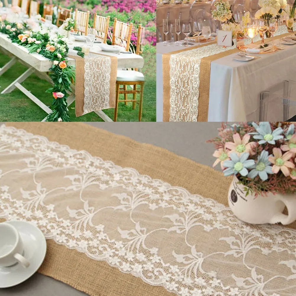 Rustic Vintage Banquet Wedding Decoration Lace Burlap Dining Room Gadget Party Restaurant Home Table Runner Christmas Birthday