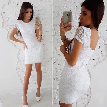 

Lace Dress Women Fashion Short Sleeve Round Neck Hollow Out Dresses Female Vintage Skinny Party Dress Straight Vestidos