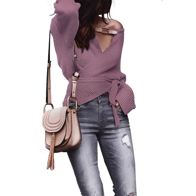 

Women Solid V-Neck Knitted Sweater Vintage Long Sleeve Belt Sweater Casual Slim Jumper Pullover Tops