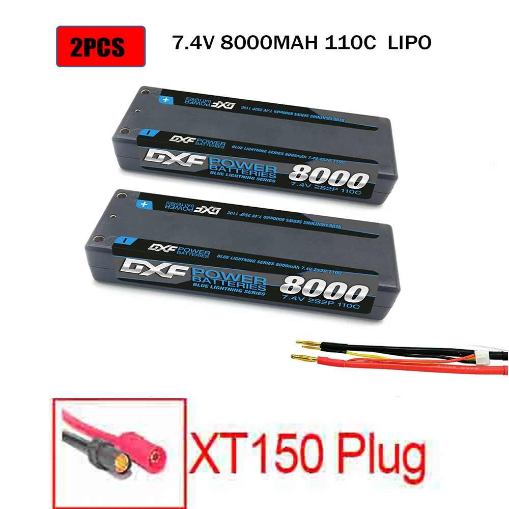 DXF 2 шт.-полимерным аккумулятором RC Lipo 2S 7,4 V 5200 мА/ч, 6200 мА/ч, 6500 мА/ч, 8000 мА/ч, 50C 100C 120C 240C 4,0 мм на колесиках для Слэш 4X4 автомобиля - Цвет: 2PCS2S8000HARDXT150