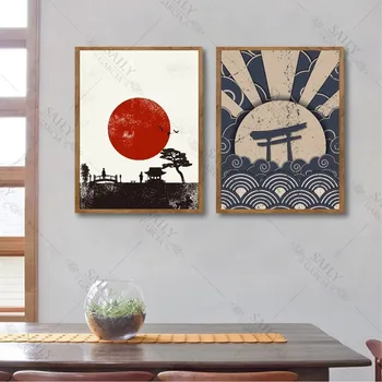 

Vintage Wall Art Canvas Painting Japan Scenery Red Sun Shrine Poster for Living Room Home Decor Japanese Pattern Wall Pictures