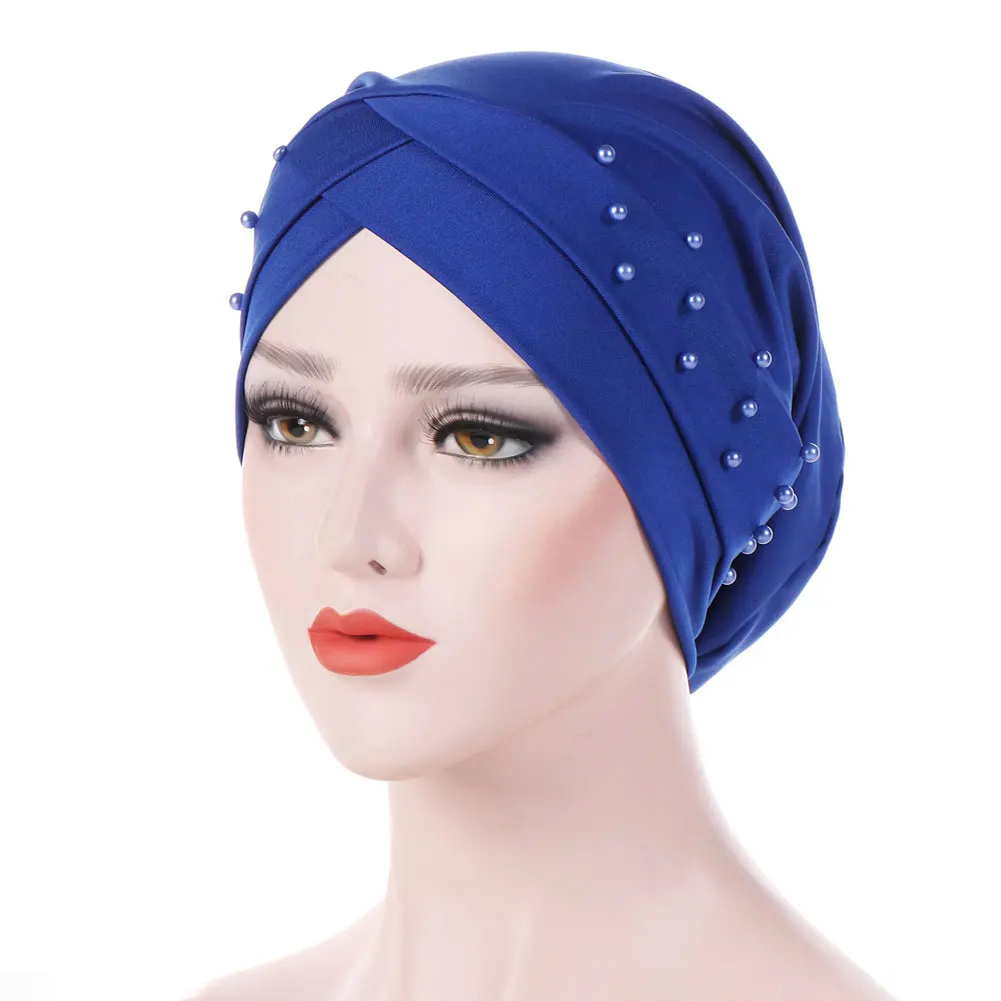 Женская шапка-чалма в западном стиле, шапочка для химиотерапии, головной убор из бисера, аксессуары для рака, налобный крест, модная повседневная - Цвет: Sapphire Blue