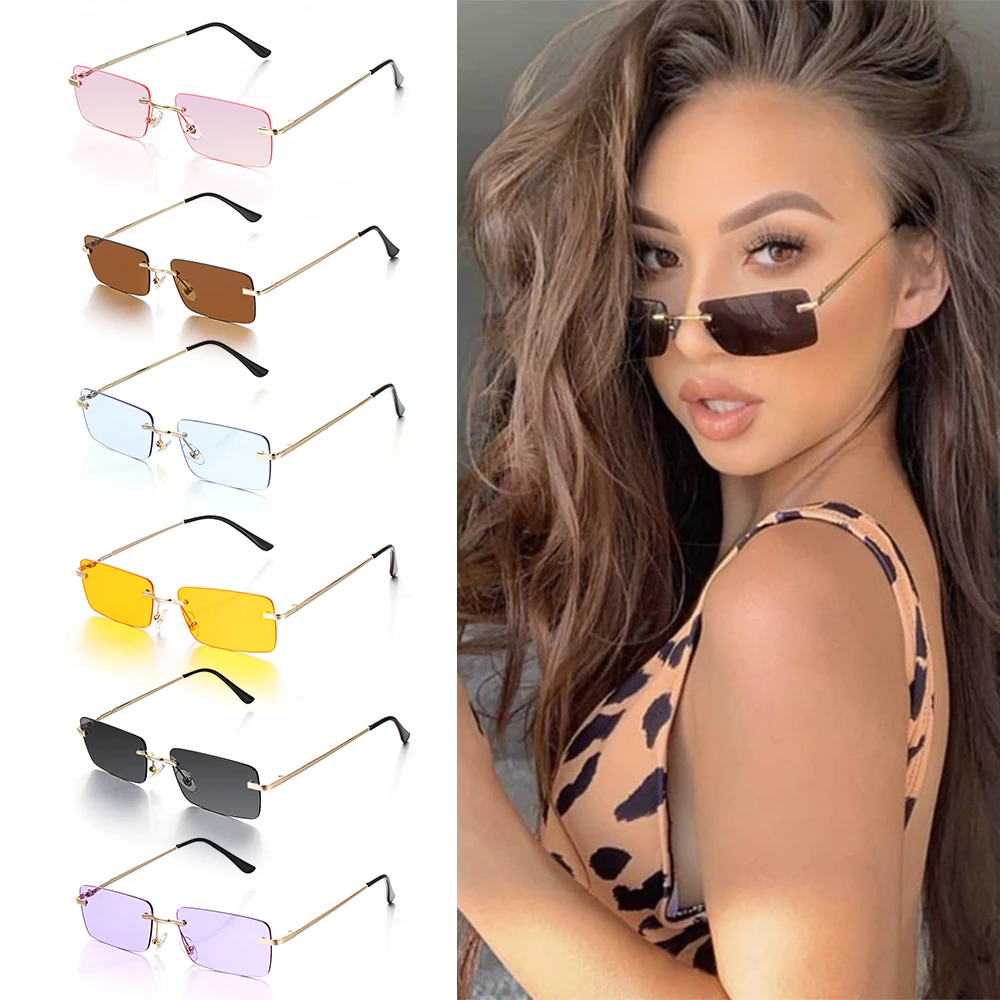 2021 Fashion Rectangle Rimless Sunglasses Square Vintage Glasses Luxury Design Unisex Retro Frame Gradient Glasses UV400 Eyewear big sunglasses