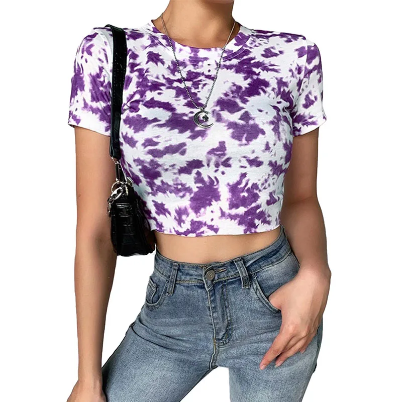 

2020 Summer Women Fashion Tie-Dyed Vest Tops Party Ladies Round Neck Sexy Short Tops Shirts