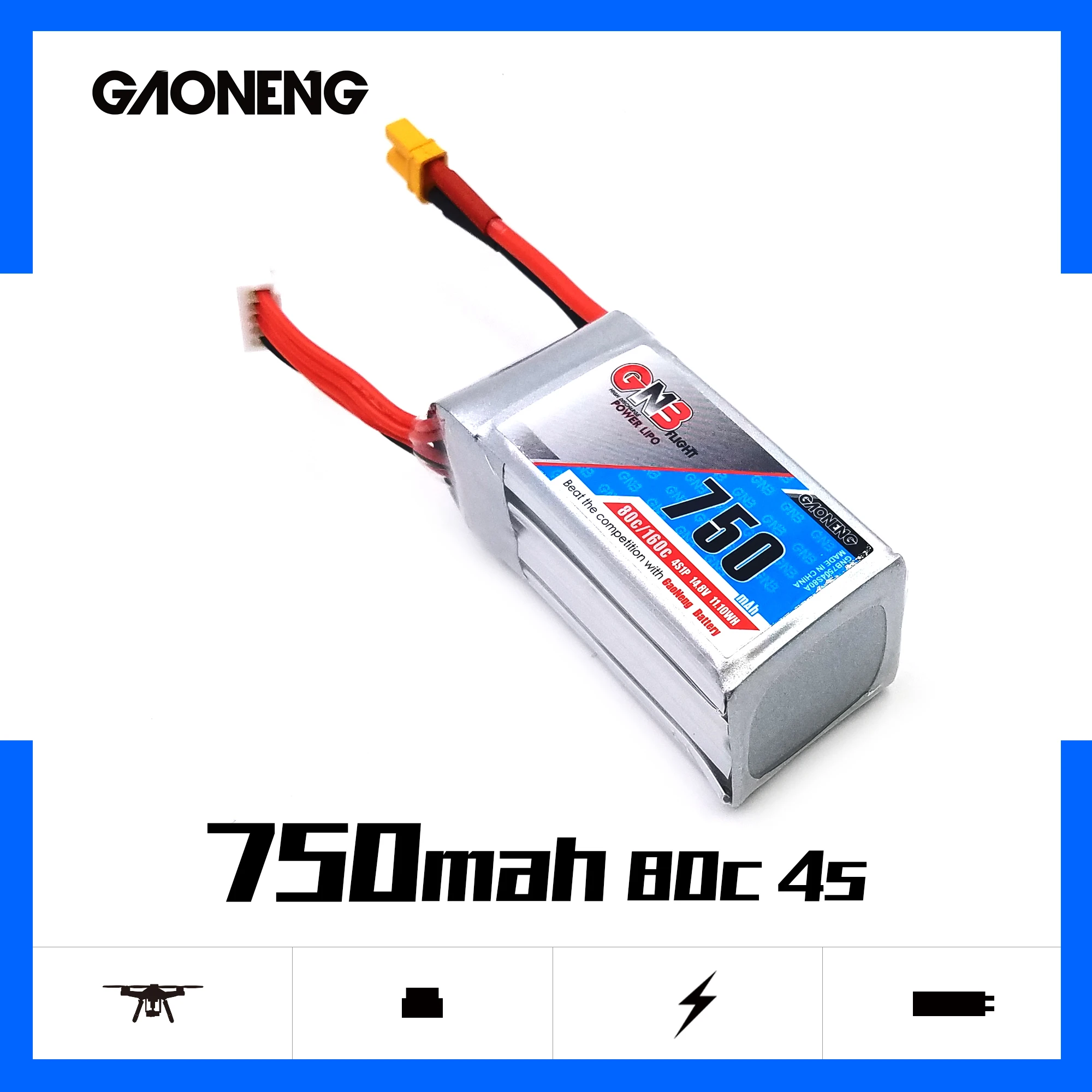 

4PCS Gaoneng GNB 14.8V 750mAh 80C 4S XT30 Plug Lipo Battery for RC FPV Racing Cine Whoop BetaFPV Drone