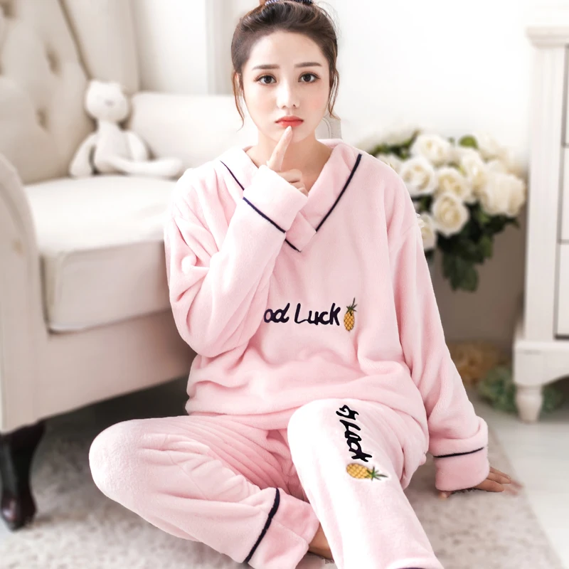 korean Flannel Warm Pajamas for Women Long Sleeve Home Suit Ladies sleepwear Velvet Pajama set Thick Feminino Pants Pyjamas
