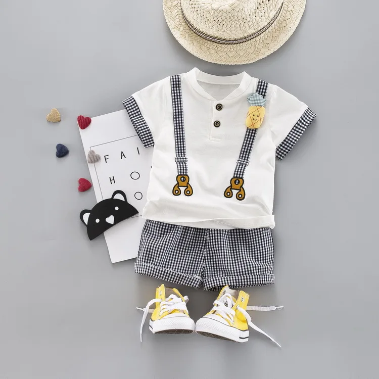 

Children Childrenswear 2019 Summer New Style Small CHILDREN'S Plaid False Suspender Strap Two-Piece Set Male Baby Leisure Suit C