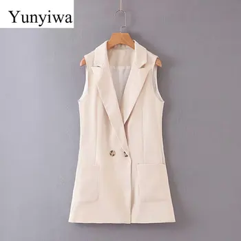

2020 Women Elegant Sleeveless Vest Blazer Notched Collar Pockets Female Double Breasted Causal Stylish Outwear Waistcoats
