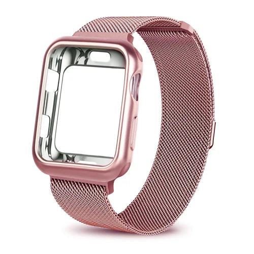 Rose pink Чехол+ ремешок для часов Apple Watch 42 мм 38 мм Миланская петля браслет из нержавеющей стали для Apple Watch 40 мм 44 мм серия 5 4 3 2 - Цвет ремешка: Rose pink