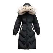 Зимняя женская куртка с натуральным мехом, уплотненный длинный пуховик с капюшоном, женский пуховик на утином пуху, водонепроницаемая куртка