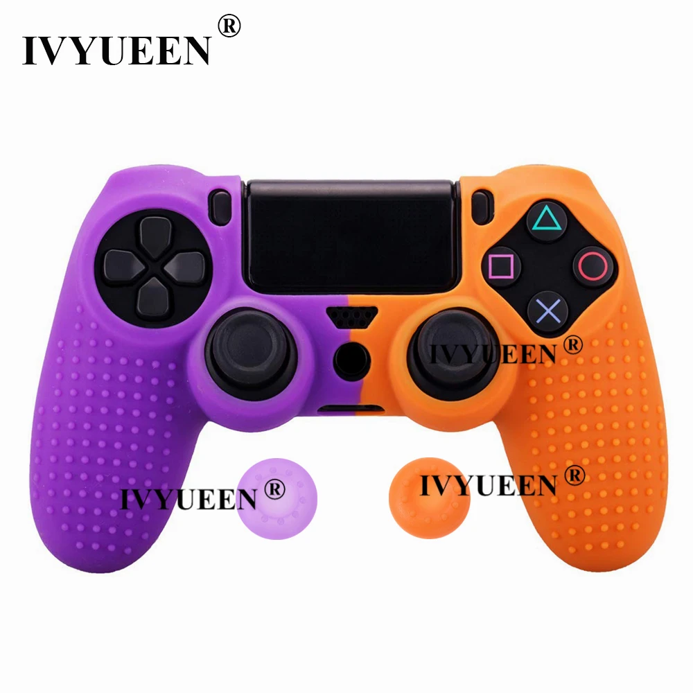 Purple Orange Силиконовый чехол IVYUEEN для Dualshock 4 PS4 Pro, тонкий чехол для контроллера и ручки для большого пальца, колпачки для playstation 4, аксессуары для игр - Цвет: Purple Orange