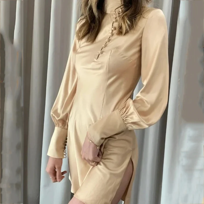 

Foridol Turtleneck Side Slit Satin Party Dress for Women Clothing Long Sleeve Vintage Button Winter Ladies Short Dress 2020