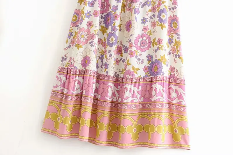 Винтажная шикарная хиппи женская розовая с цветочным принтом Пляжная богемная плиссированная юбка для девушек с высокой эластичной талией трапециевидная Вискозная юбка макси в стиле бохо