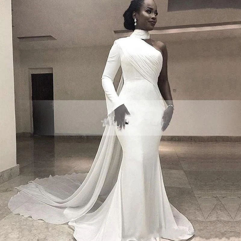 

2020 African High Neck Satin Mermaid Long Evening Dresses One Shoulder Ruched Sweep Train Formal Party Red Carpet Prom Gowns