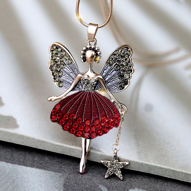 Fashion Statement Angel Fairy Pendant Necklace Women Crystal Dancing Girl Long Chain Necklace Winter Jewelry Accessories