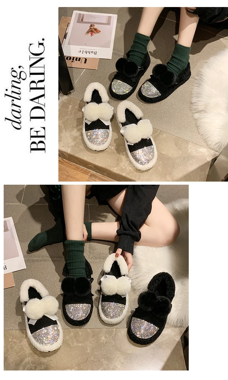 Plus velvet warm snow boots female new rhinestone hair ball female tide soft bottom comfortable cotton boots
