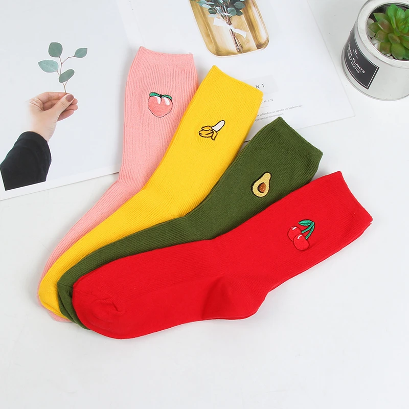 

1 Pair Cute Fruit Pattern Cotton Ladies Socks Autumn Winter Thick Warm Candy Color Soft Breathable Middle Tube Casual Women Sox