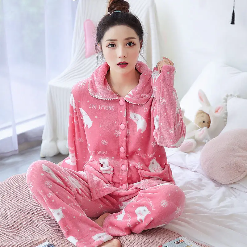 Women Pajamas Set Spring Autumn New Warm Cartoon Printed Long Sleeve Cute Sleepwear Casual Homewear Female Pyjamas