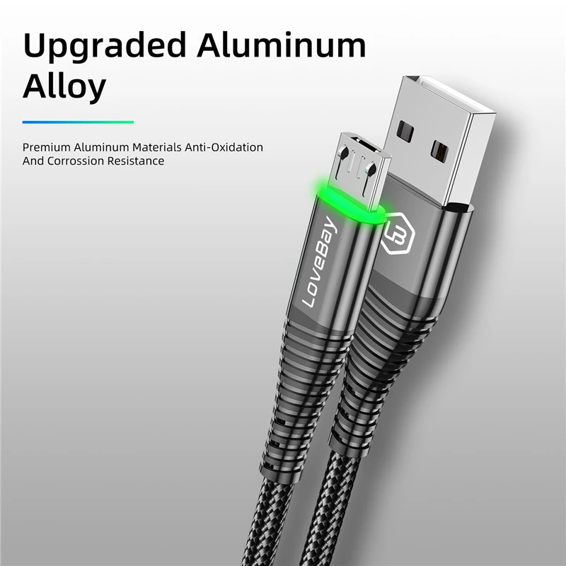 Lovebay LED 2M Micro USB Cable 3A QC 3.0 Quick Charge Wire For iPhone Xiaomi Android Mobile Phone Data Cable Cord Fast Charging