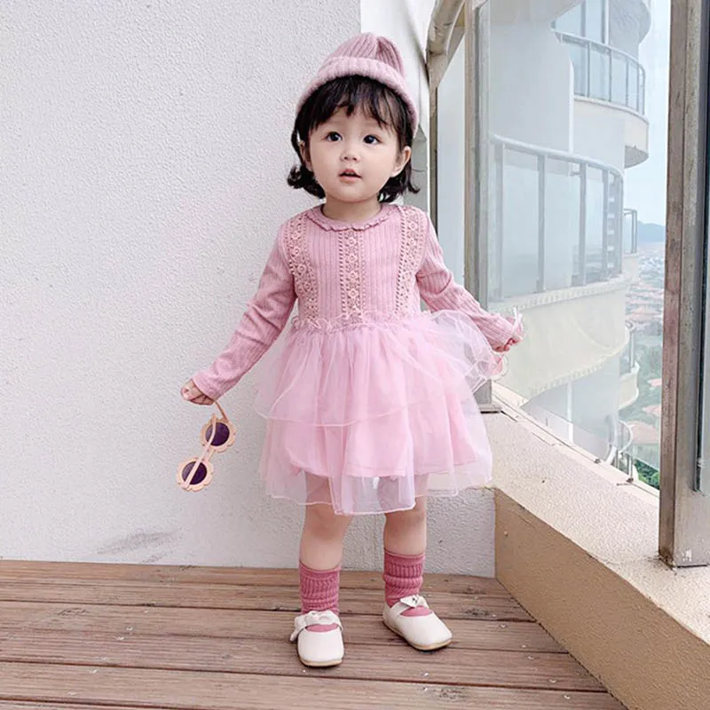 

New Autumn 0-3T Casual Baby Girls Clothes Lovely Toddler Dress Floral Pattern Long Sleeve Patchwork Mesh Dress Kids Sundress #m