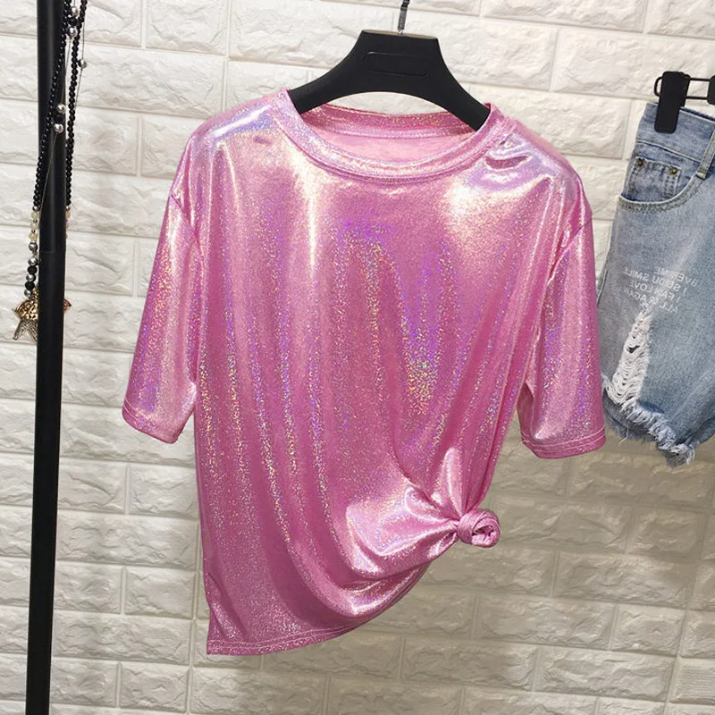 

Womens Casual T-Shirt Colors Reflective Printed Short Sleeve Hip Hop Tee Shirt -OPK