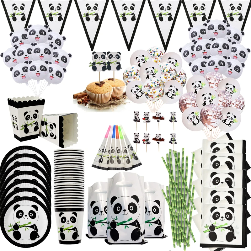 Suministros de decoración de fiesta de Panda, cartel de feliz cumpleaños, globos, pastel de Panda, adornos y bolsas de regalo para Baby Shower