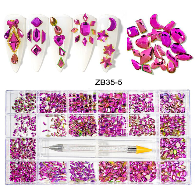 Multi Nail Rhinestones Kit Flatback 240pcs Alloy Charms (Neon,Pink,AB,Blue) Glass Jewelry Nail Art Crystal Box 2022