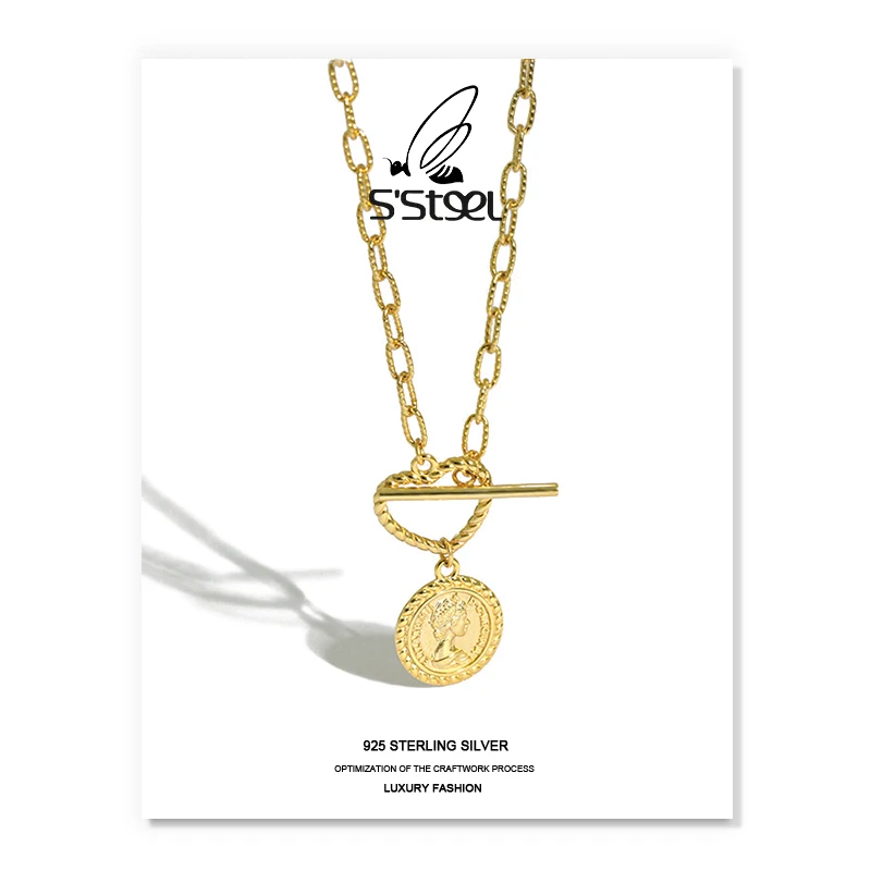 

S'STEEL Korean Necklaces 925 Sterling Silver For Women Geometric Chain Round Portrait Gold Pendants Necklace Fine Jewellery Gift