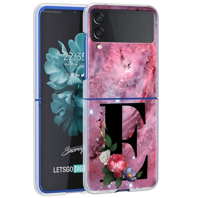 Letter A B Flowers Pink Case For Samsung Galaxy Z Flip 3 5G Transparent Hard Cell Phone Cover ZFlip3 Clear PC Luxury Fundas H05
