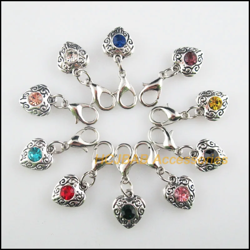 

10 New Heart 10x11.5mm Charms Mixed Round Crystal Tibetan Silver Plated Retro With Lobster Claw Clasps