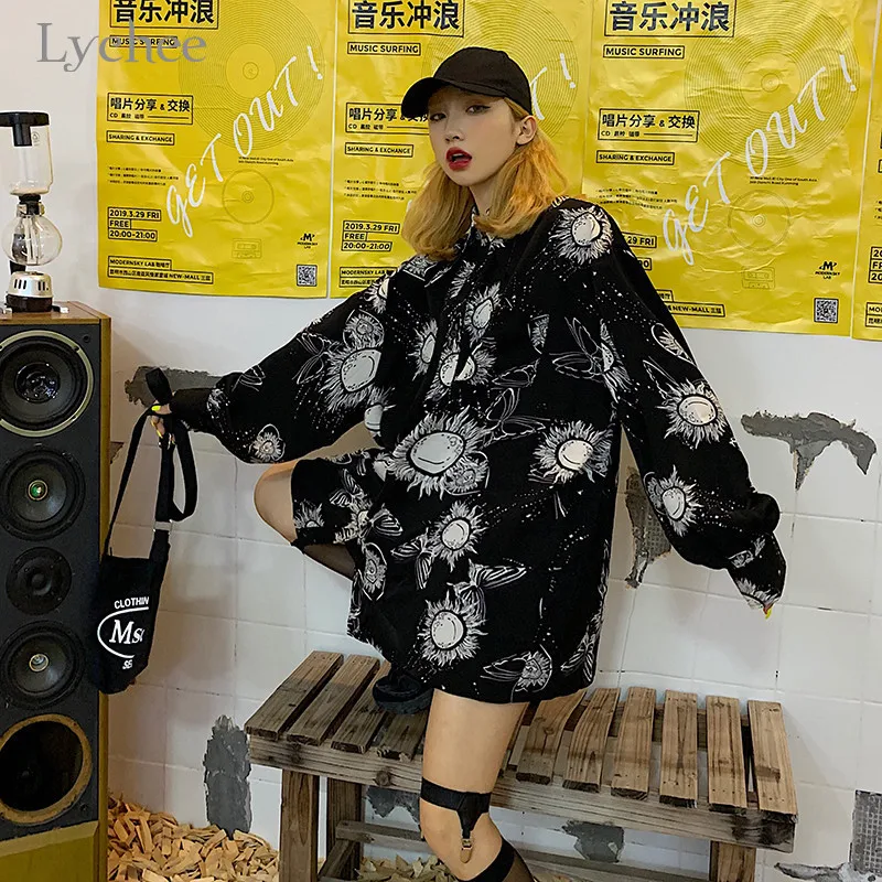 Lychee Harajuku темная мультяшная женская рубашка с принтом от солнца блузка