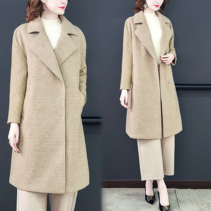 

2019 Autumn And Winter New Style Large Size Dress Solid Color Versatile Woolen Coat Women's Elegant Elegant Middle-aged WOMEN'S