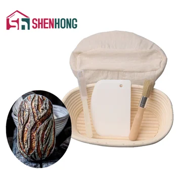 

SHENHONG 4Pcs/Set Bread Fermentation Rattan Basket Oval Dough Banneton with Knife Scraper Brush Kitchen Tools