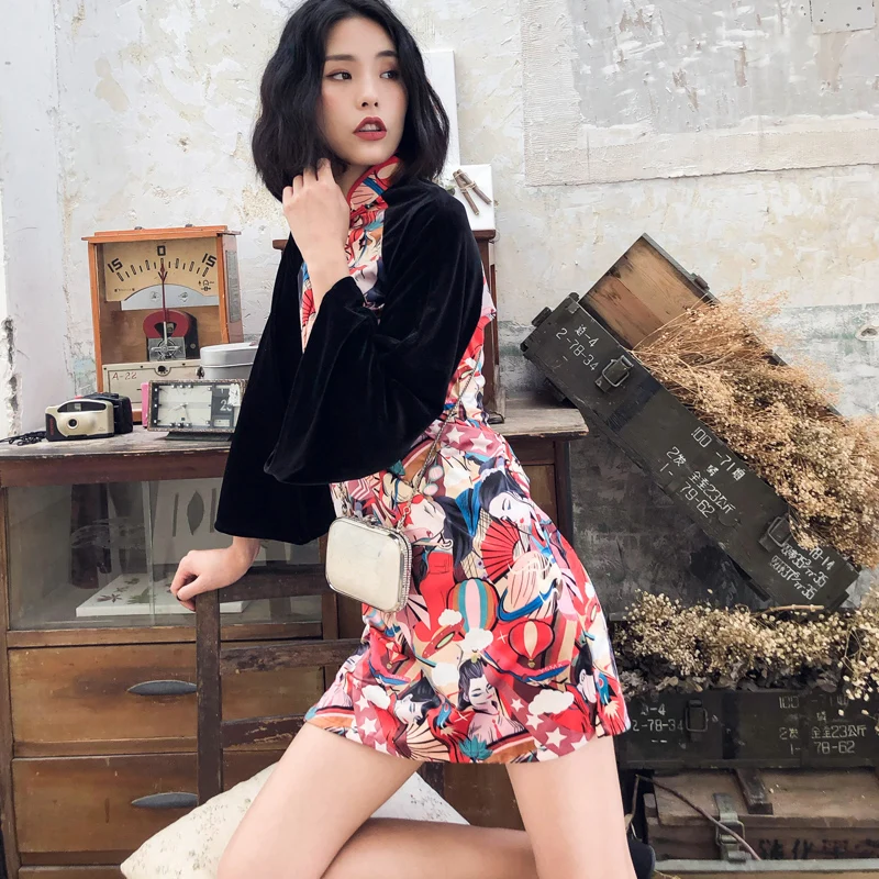 Винтажное женское модное платье бархатное с длинными рукавами и принтом qipao