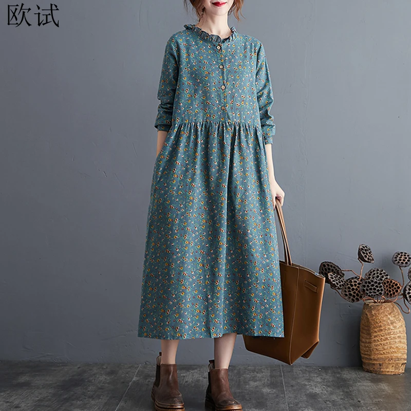 

Long Sleeve Cotton Linen Floral Dress Women Vintage Casual Ladies Dresses Spring Autumn Loose Woman Ruffle Elegant Dress 2024