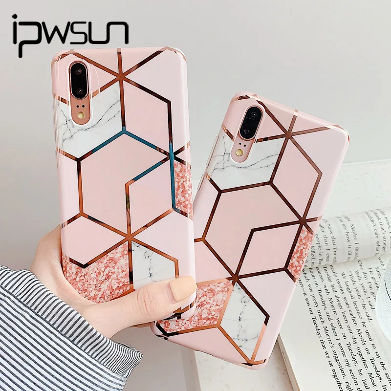 

iPWSOO Electroplate Geometric Marble Texture Phone Case For Huawei P20 Pro P30 Lite Mate 20 Pro Lite Nova 5 Soft IMD Back Cover