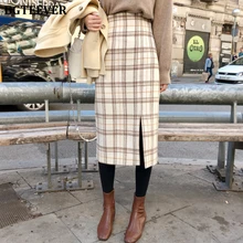 BGTEEVER, зимние женские клетчатые шерстяные юбки, высокая талия, Разрезы спереди, юбки, модные повседневные женские юбки,, миди, посылка, юбка до бедра