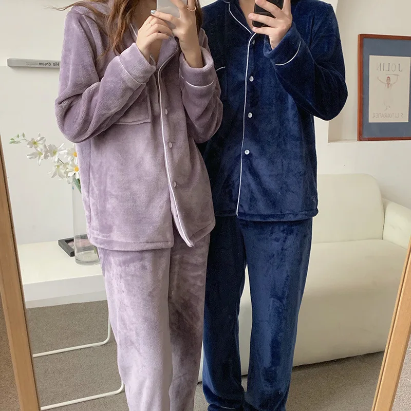 

Sleepwear 2020 New Female/male Couple Simple Solid Color Thick Loose Pajamas Women Home Clothes Set