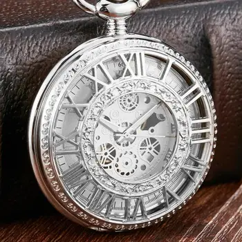 

Gorben Silver Mechanical Pocket Watch Men Hollow Skeleton Mechanical FOB Chain Necklace Male Reljo Clock