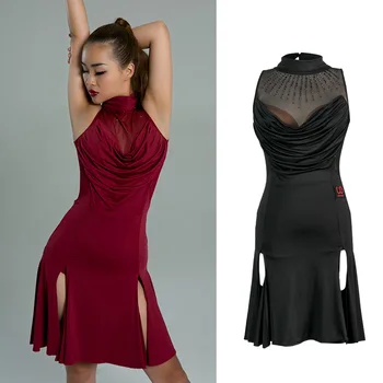 

Latin Dance Dress Women Samba Salsa Cha Cha Rumba Tango Competition Wear Sleeveless Sexy See-Through Mesh Slit Dresses DN6291