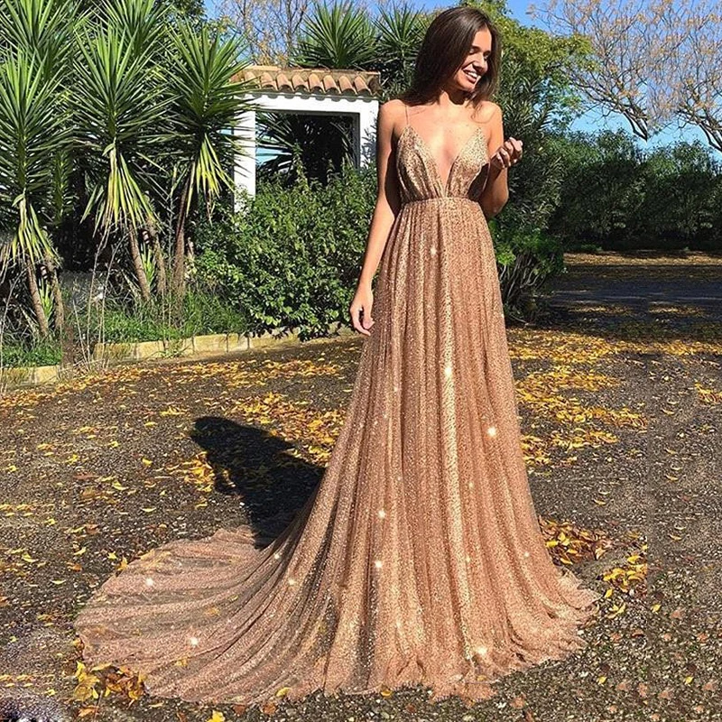 

2019 Gold Sequined Prom Dresses Bling Long Spaghetti Backless Evening Dresses Formal Party Gowns abiti da cerimonia da sera