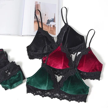 

Wriufred Lace stitching velvet bra set comfortable thin cotton triangle cup lingerie sets zero compression women underwear
