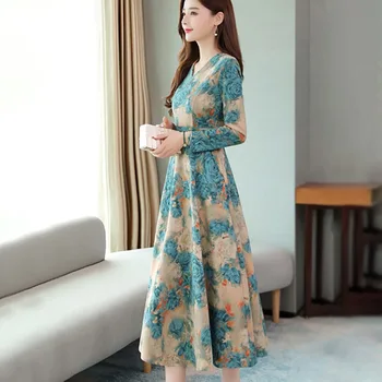 

Women Warm Dresses Fashion V-neck Long Sleeve Elegant Princess Print Dress Slim Waist Clothes Women's Dress!