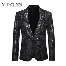 Черный и темно-синий цвет, новинка, Мужской Блейзер, свадебные и куртки для вечеринок, мужской костюм на одной пуговице и горячей штамповке, с цветочным принтом, для певицы, для сцены