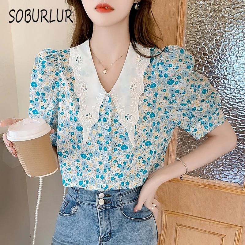 

SOBURLUR Summer Basic T-shirts Doll collar BF Korean Style Women's T shirt Puff sleeve Tunics Casual Blousas Flower Printed Tops